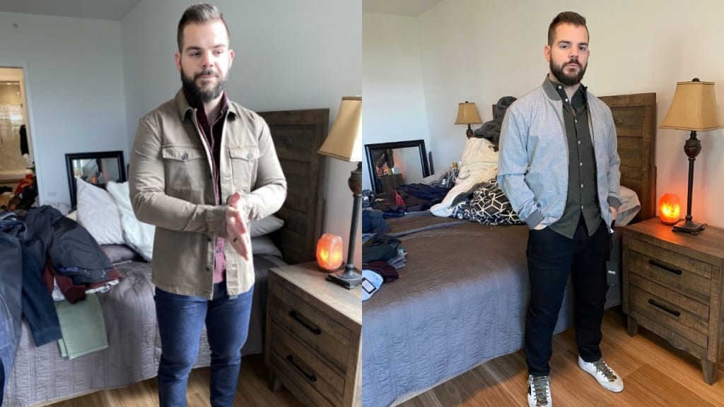 Two side-by-side photos of a man standing in a bedroom, each showing a different outfit. The room has a bed, a lamp, and clothes scattered around.